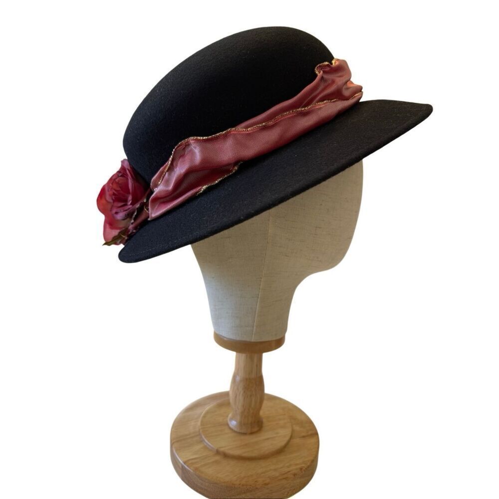 Vintage Hat Black Wool Felt With Rose Pink Ribbon and Flower Detail Romantic